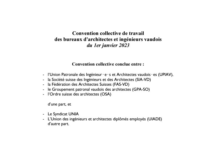 Convention collective de travail des bureaux d'architectes et ingénieurs vaudois du 1er janvier 2023